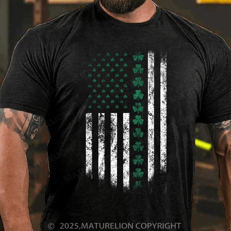 Maturelion St Patrick's T-shirt St Patricks Day USA Flag Shamrock Clover T-Shirt