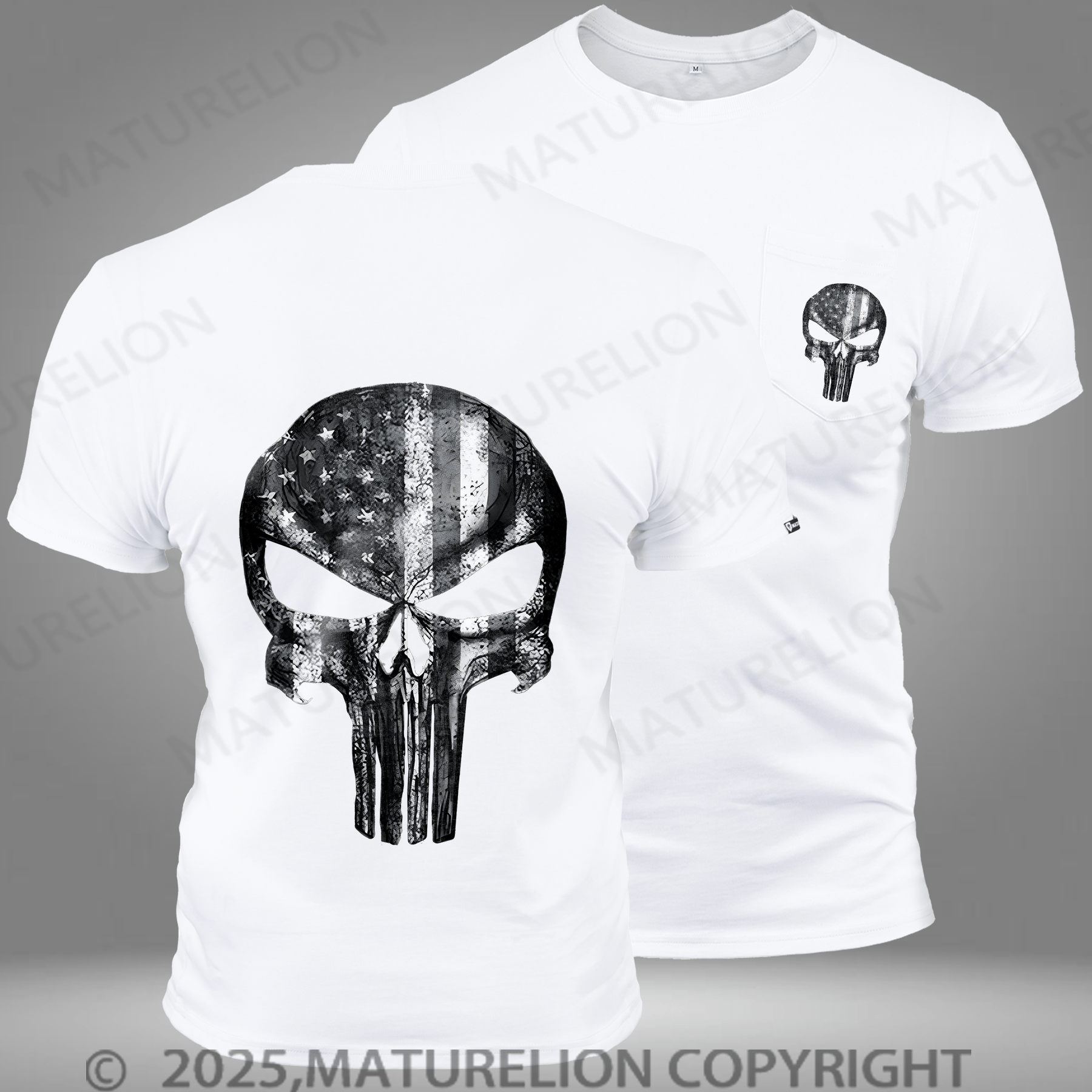 Maturelion Men's T-shirt American Flag Skull Pocket T-Shirt