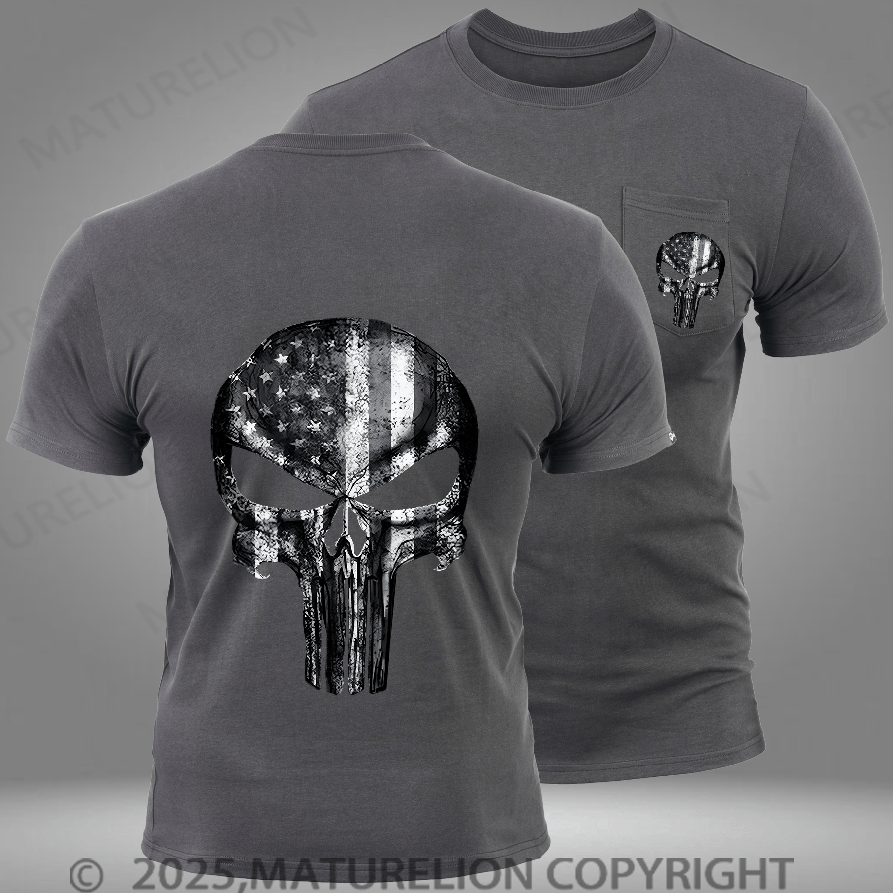 Maturelion Men's T-shirt American Flag Skull Pocket T-Shirt