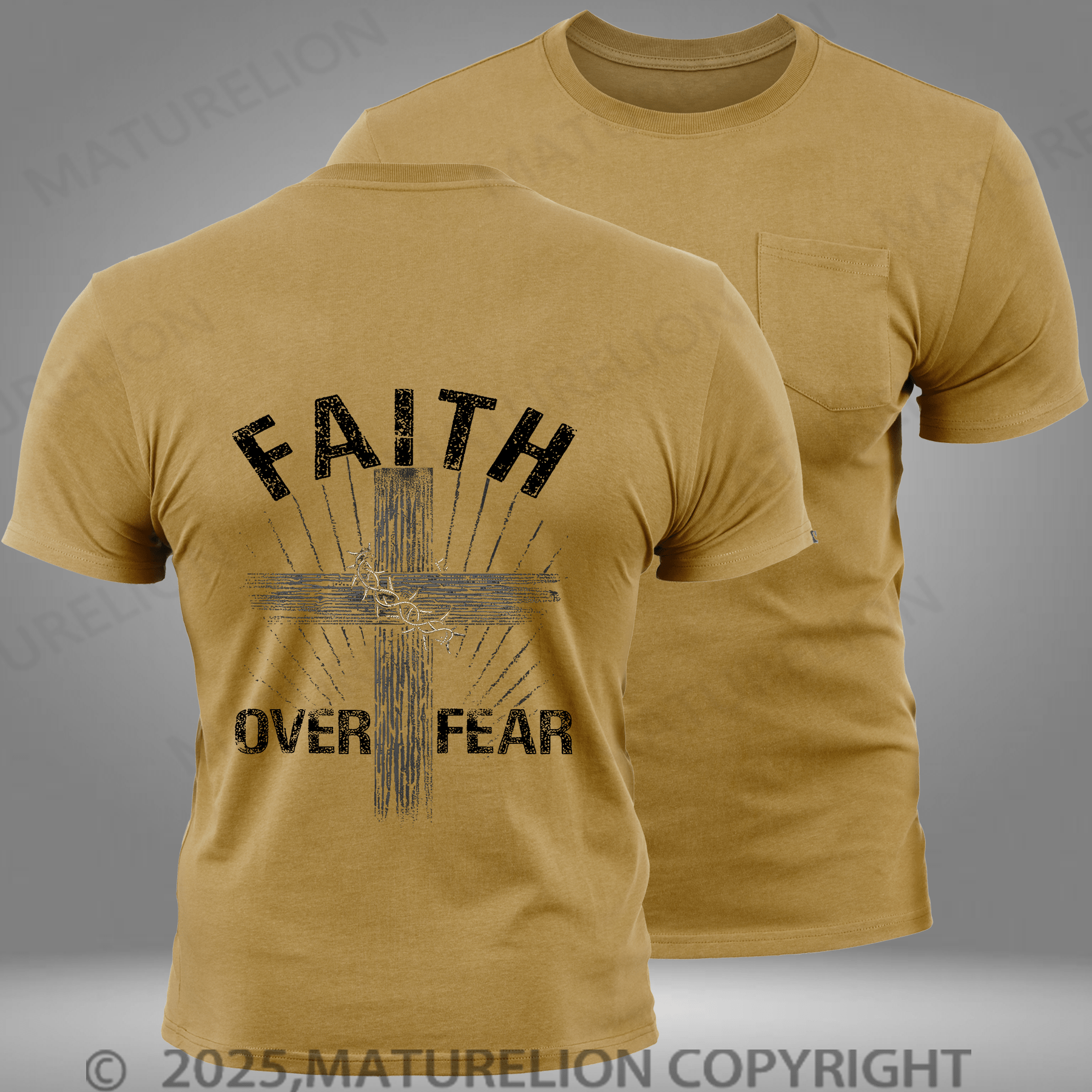 Maturelion Men's T-shirt Jesus Christ Cross Faith Over Fear Quote Saying Christian Vintage Pocket T-Shirt