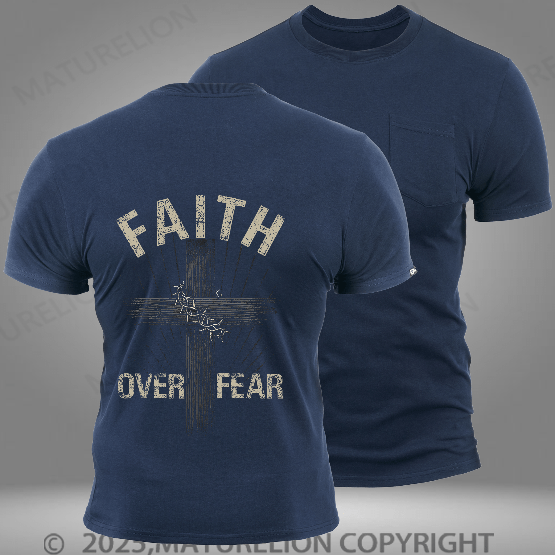 Maturelion Men's T-shirt Jesus Christ Cross Faith Over Fear Quote Saying Christian Vintage Pocket T-Shirt