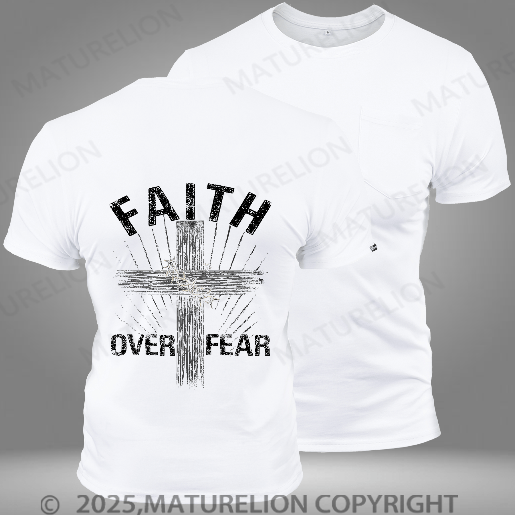 Maturelion Men's T-shirt Jesus Christ Cross Faith Over Fear Quote Saying Christian Vintage Pocket T-Shirt