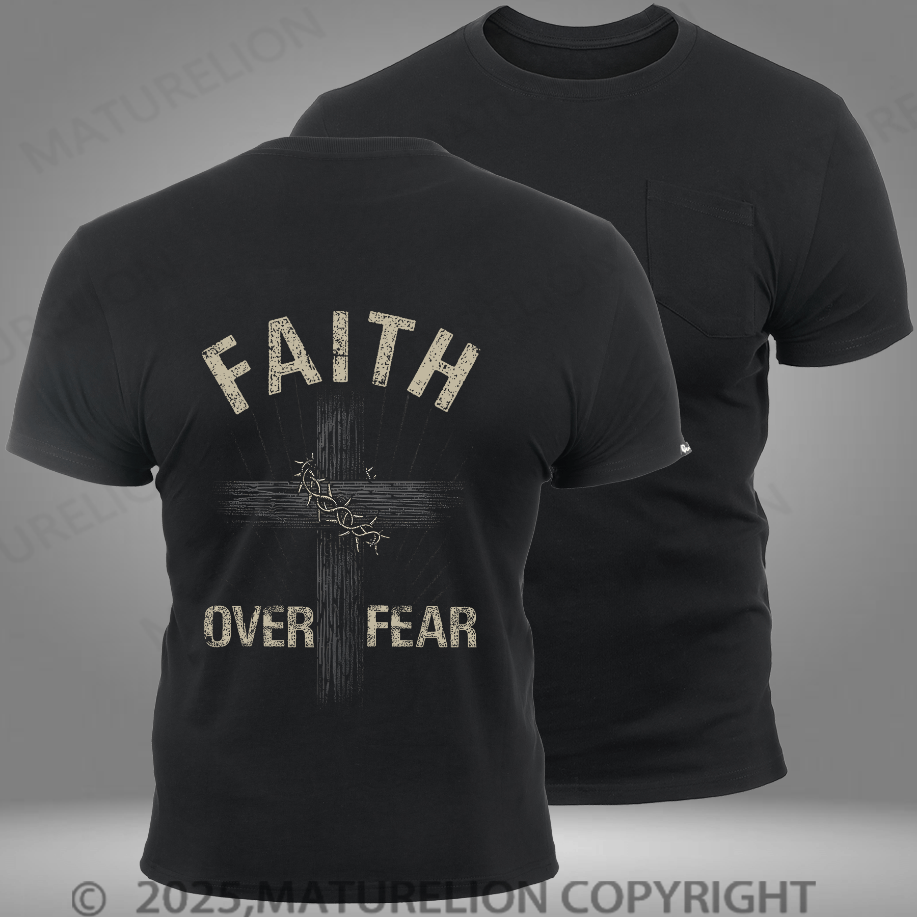 Maturelion Men's T-shirt Jesus Christ Cross Faith Over Fear Quote Saying Christian Vintage Pocket T-Shirt