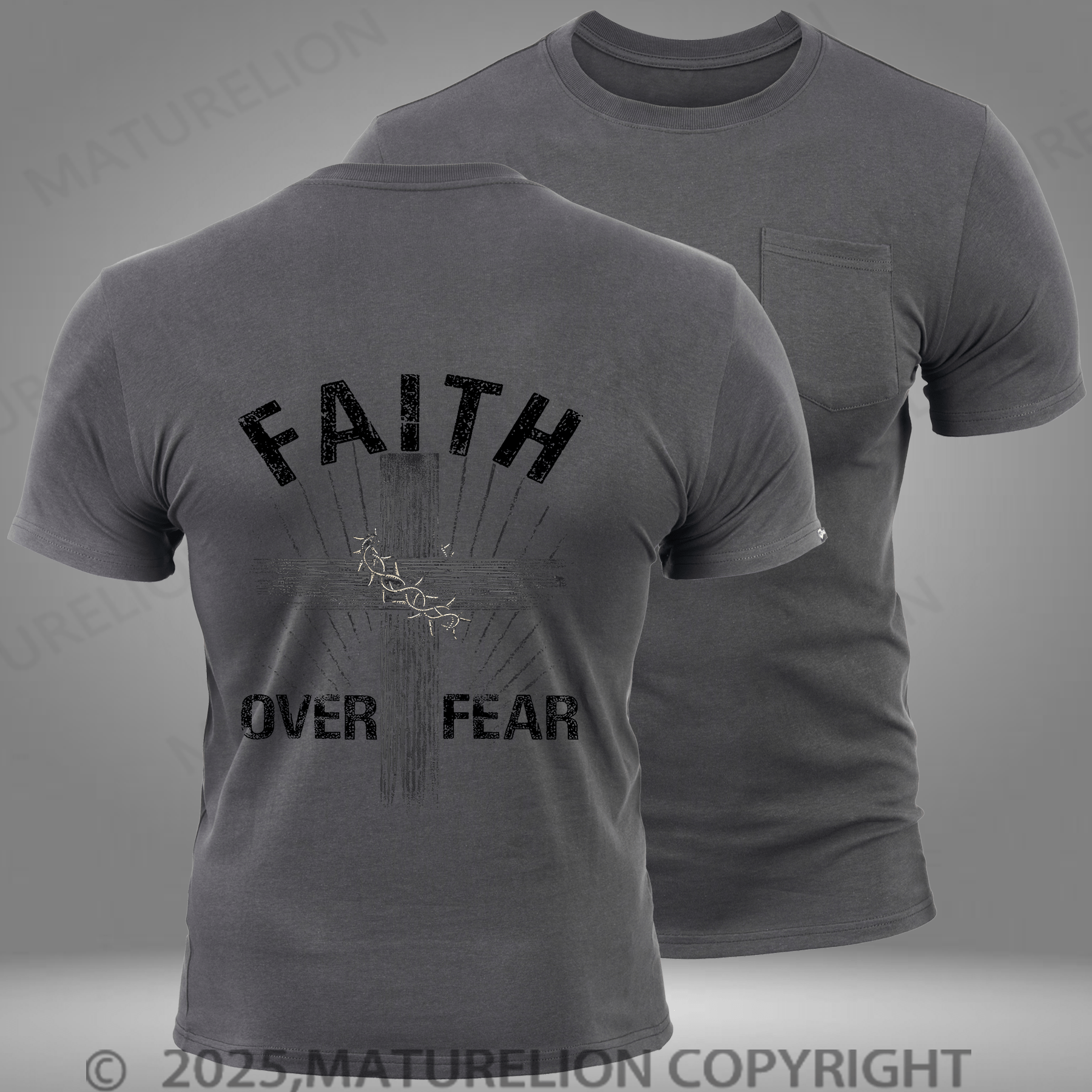 Maturelion Men's T-shirt Jesus Christ Cross Faith Over Fear Quote Saying Christian Vintage Pocket T-Shirt