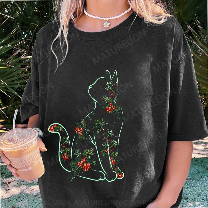 Maturelion Elegant Black CatDTG Printing Washed Cotton T-Shirt