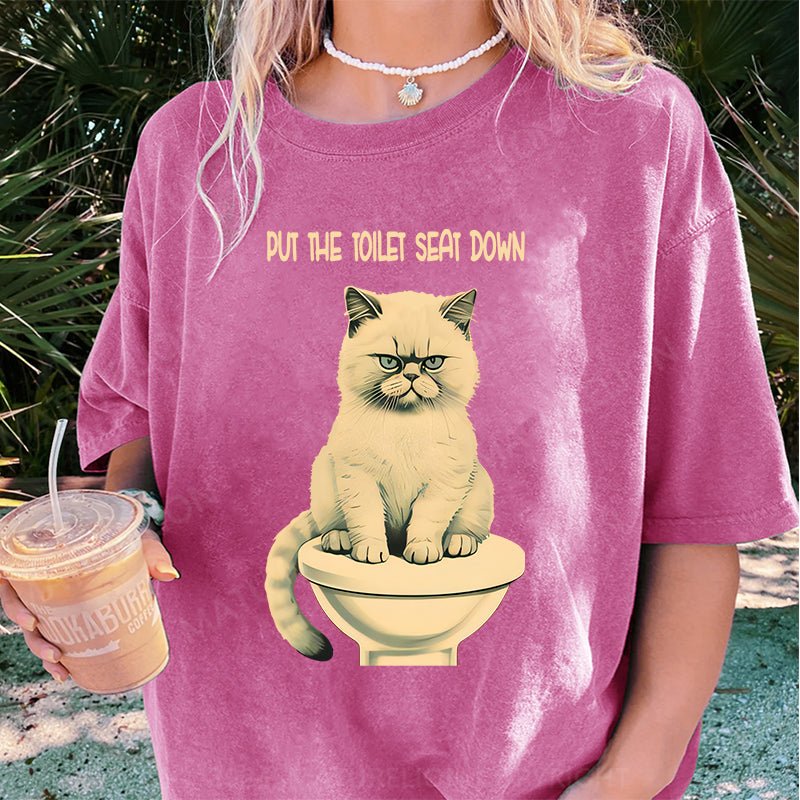 Maturelion Cat Put The Toilet Seat Down DTG Printing Washed Cotton T-Shirt