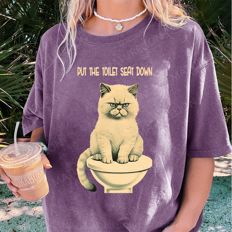 Maturelion Cat Put The Toilet Seat Down DTG Printing Washed Cotton T-Shirt