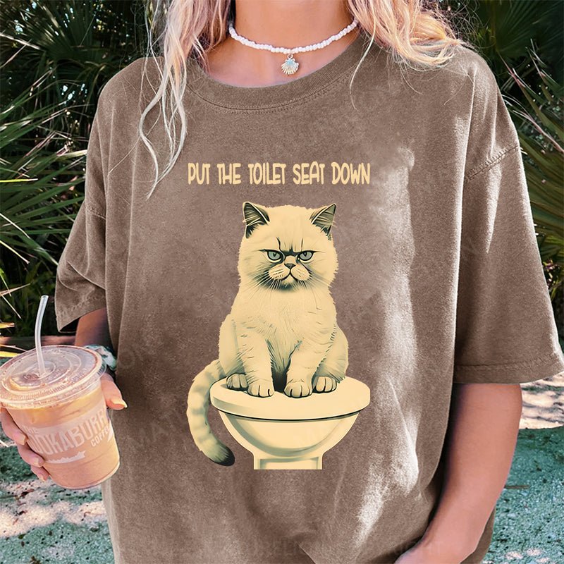 Maturelion Cat Put The Toilet Seat Down DTG Printing Washed Cotton T-Shirt