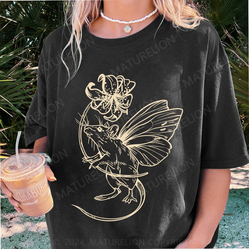 Maturelion Mouse and flower with butterfly wings DTG Printing Washed Cotton T-Shirt