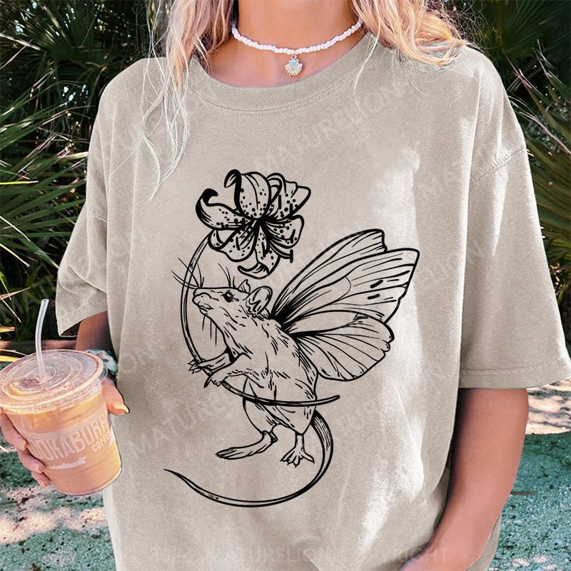 Maturelion Mouse and flower with butterfly wings DTG Printing Washed Cotton T-Shirt