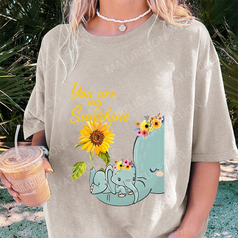 Maturelion You Are My Sunshine Hippie Sunflower Elephant DTG Printing Washed Cotton T-Shirt