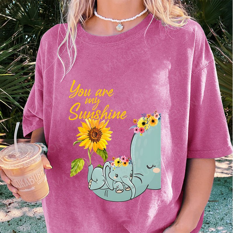 Maturelion You Are My Sunshine Hippie Sunflower Elephant DTG Printing Washed Cotton T-Shirt