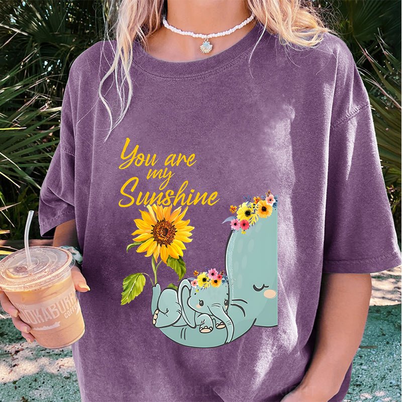 Maturelion You Are My Sunshine Hippie Sunflower Elephant DTG Printing Washed Cotton T-Shirt