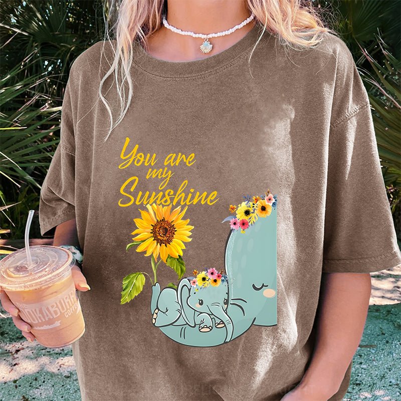 Maturelion You Are My Sunshine Hippie Sunflower Elephant DTG Printing Washed Cotton T-Shirt