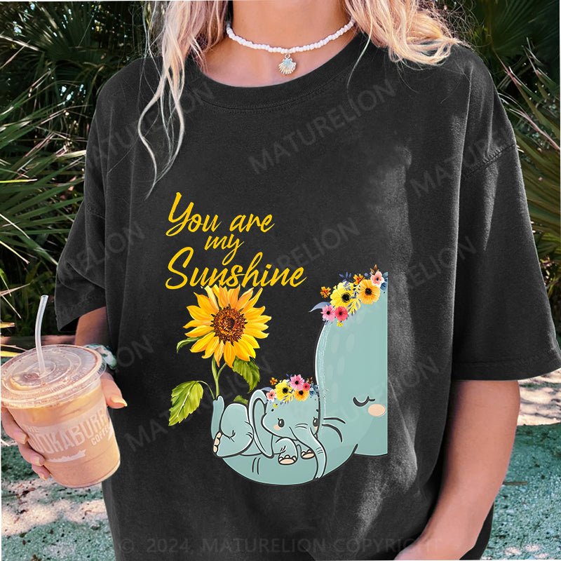 Maturelion You Are My Sunshine Hippie Sunflower Elephant DTG Printing Washed Cotton T-Shirt