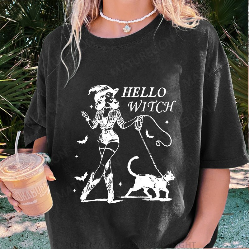 Maturelion Halloween Hello Witch DTG Printing Washed Cotton T-Shirt