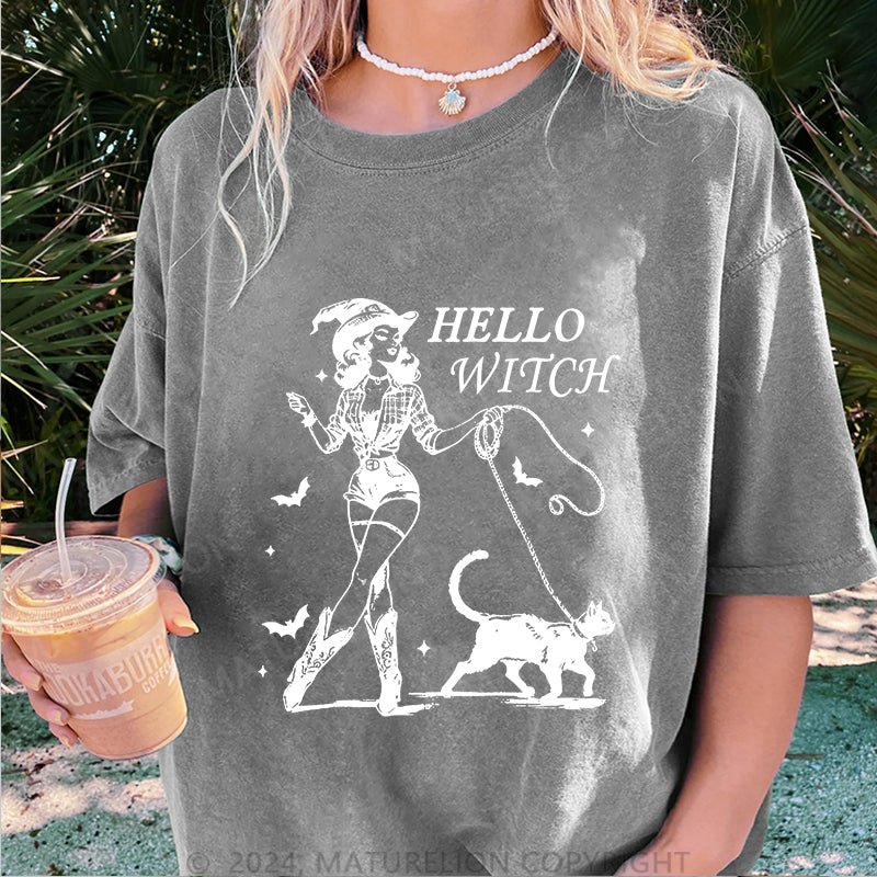 Maturelion Halloween Hello Witch DTG Printing Washed Cotton T-Shirt