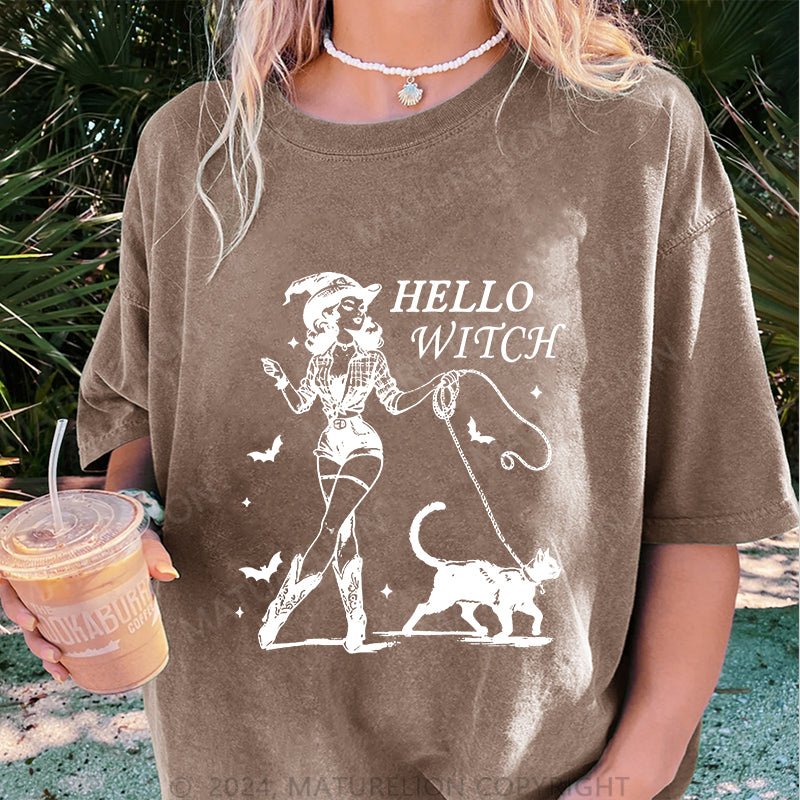 Maturelion Halloween Hello Witch DTG Printing Washed Cotton T-Shirt