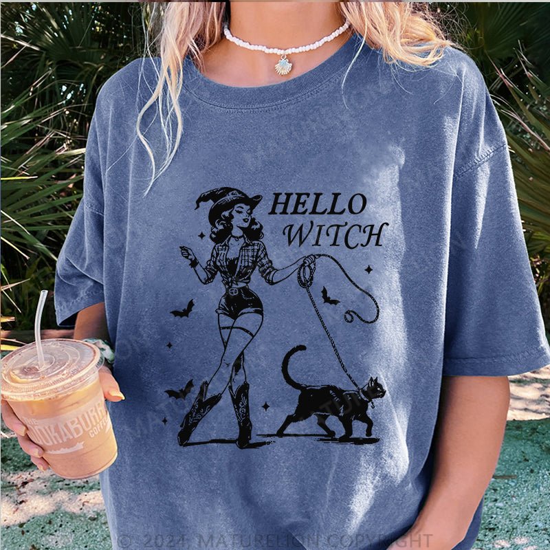 Maturelion Halloween Hello Witch DTG Printing Washed Cotton T-Shirt