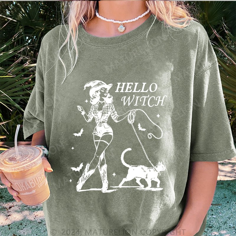 Maturelion Halloween Hello Witch DTG Printing Washed Cotton T-Shirt