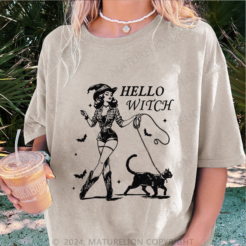 Maturelion Halloween Hello Witch DTG Printing Washed Cotton T-Shirt