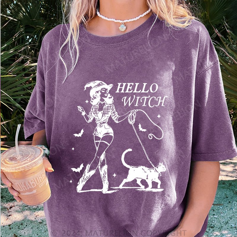 Maturelion Halloween Hello Witch DTG Printing Washed Cotton T-Shirt