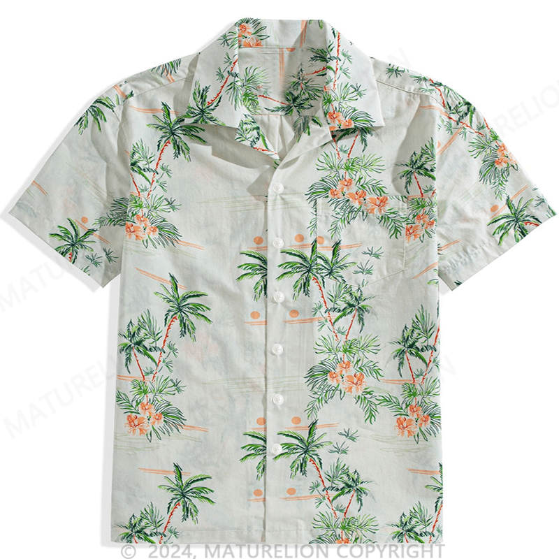 Maturelion Guys Coconut Tree Print Button Front Pocket Hawaiian Shirt