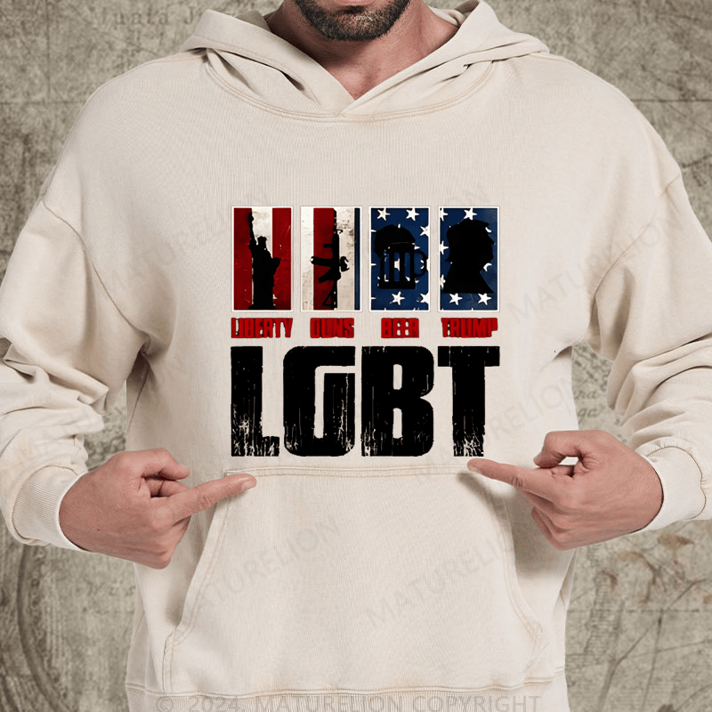 Maturelion American Flag LGBT Liberty Guns Beer Funny Washed Hoodie