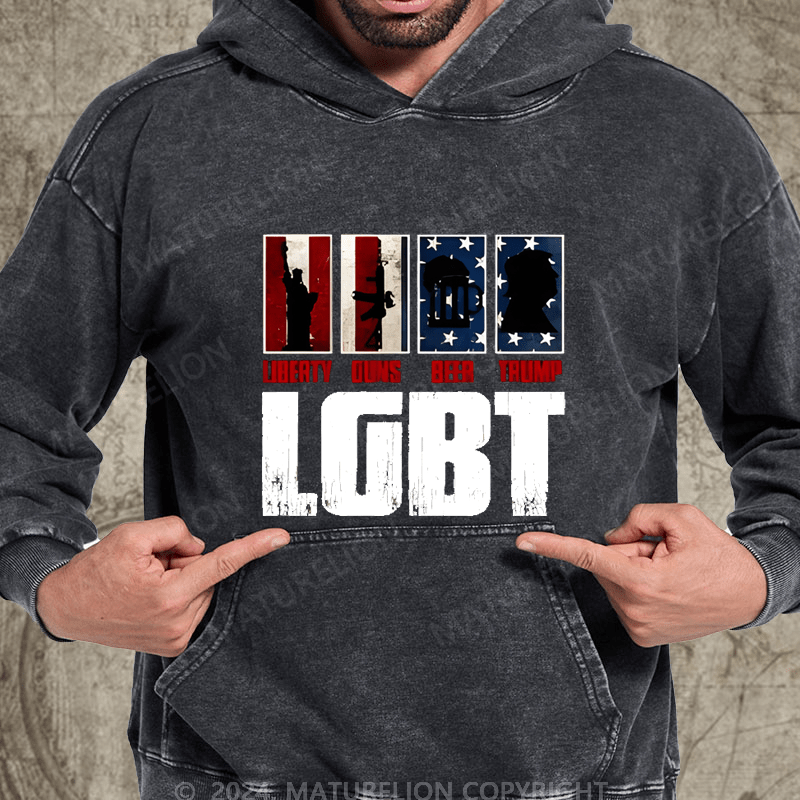 Maturelion American Flag LGBT Liberty Guns Beer Funny Washed Hoodie