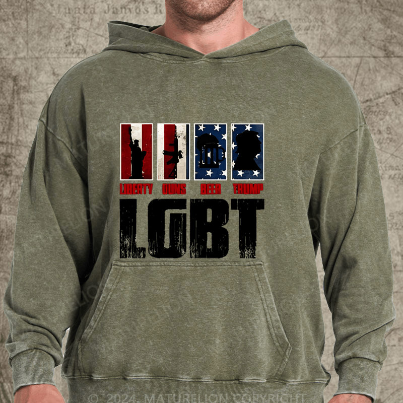 Maturelion American Flag LGBT Liberty Guns Beer Funny Washed Hoodie