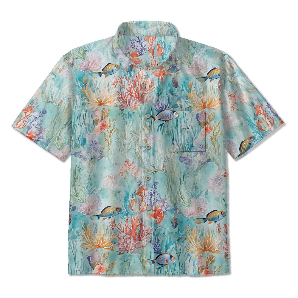 Maturelion Blue Sea Amusement Park Cotton Button-down Aloha Shirt Hawaiian Shirt