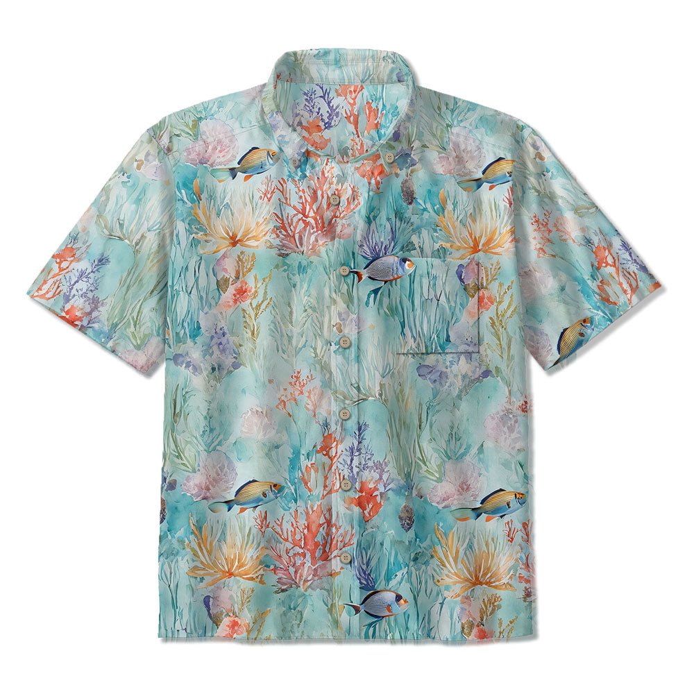 Maturelion Blue Sea Amusement Park Cotton Button-down Aloha Shirt Hawaiian T-Shirt