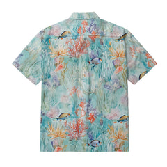 Maturelion Blue Sea Amusement Park Cotton Button-down Aloha Shirt Hawaiian T-Shirt