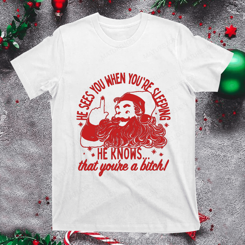 Maturelion Christmas T-Shirt He Sees You When You're Sleeping He Knows That You're A Bitch Women T-Shirt