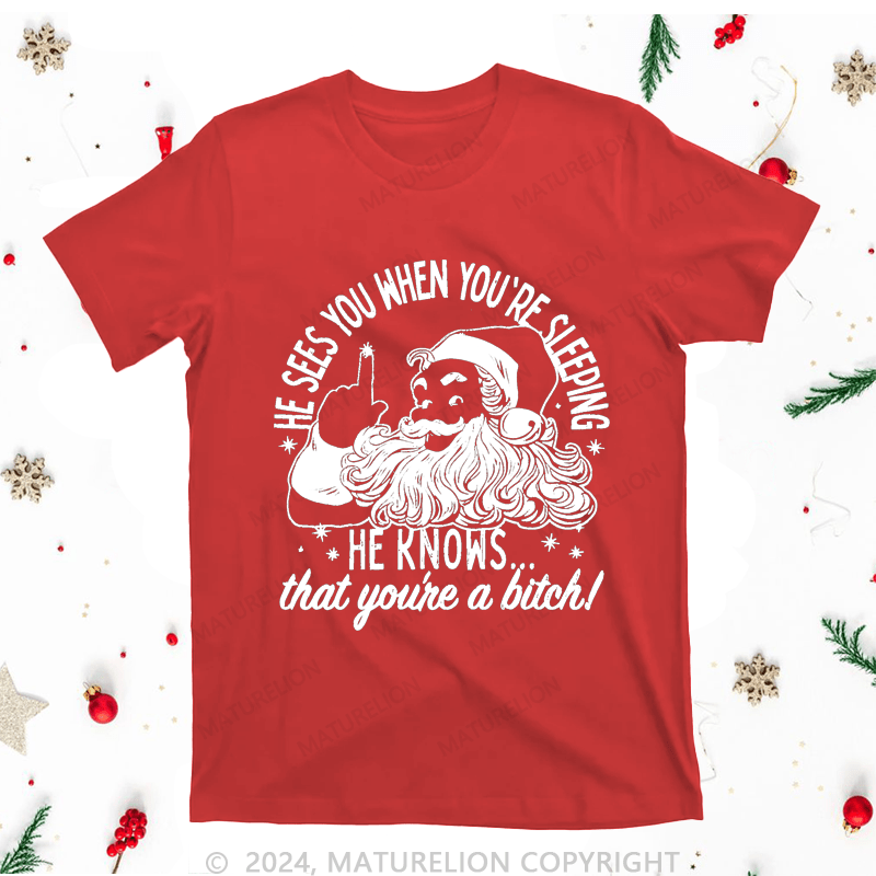 Maturelion Christmas T-Shirt He Sees You When You're Sleeping He Knows That You're A Bitch Women T-Shirt