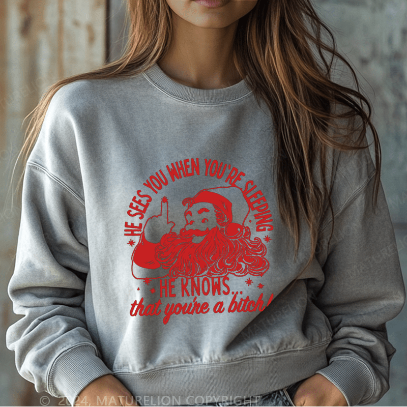 Maturelion Christmas Sweatshirt He Sees You When You're Sleeping He Knows That You're A Bitch Women Sweatshirt