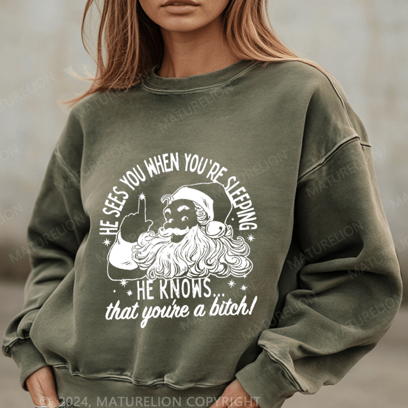 Maturelion Christmas Sweatshirt He Sees You When You're Sleeping He Knows That You're A Bitch Women Sweatshirt