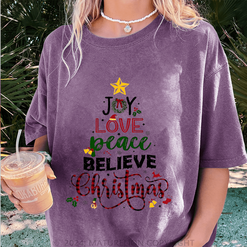 Maturelion Christmas T-Shirt Joy Love Peace Believe Christmas Women T-Shirt