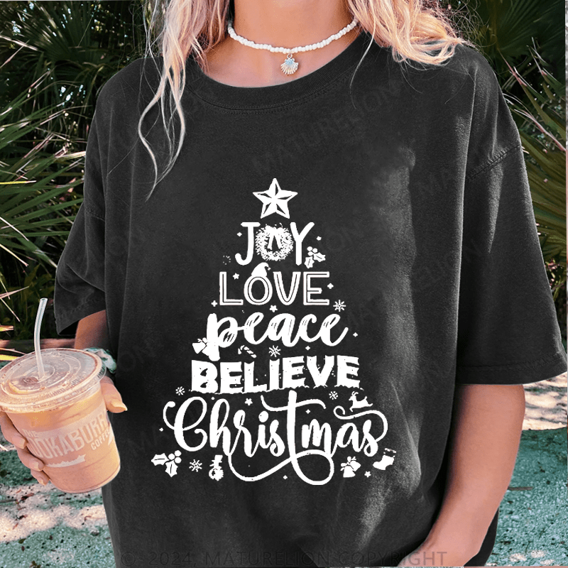 Maturelion Christmas T-Shirt Joy Love Peace Believe Christmas Women T-Shirt