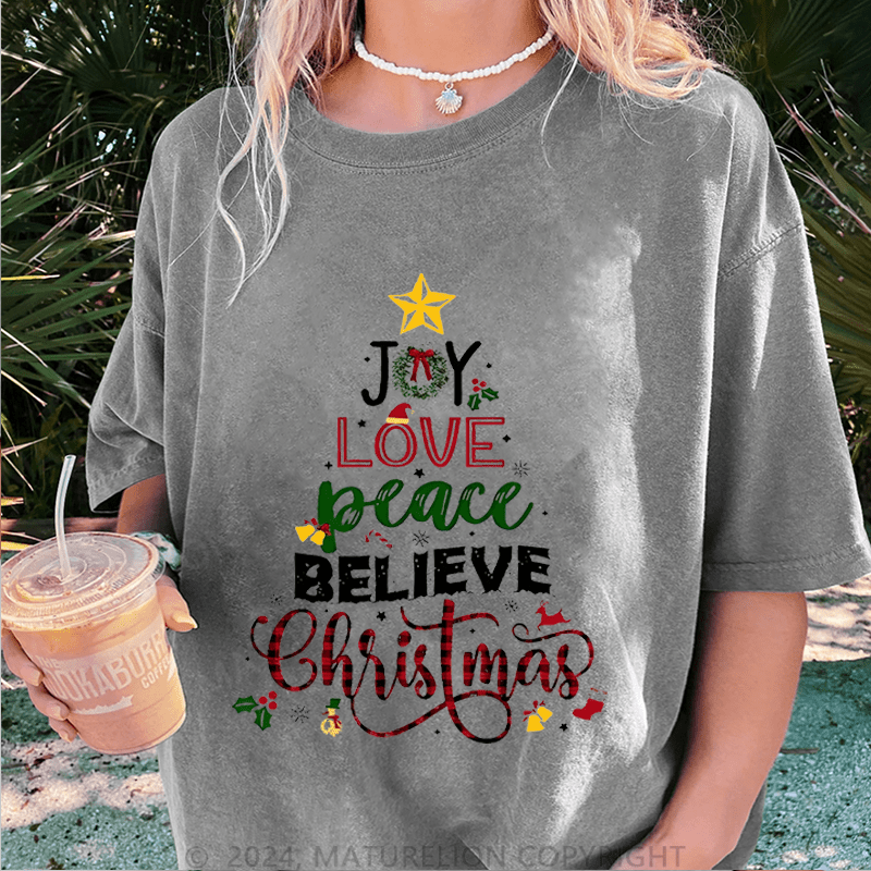 Maturelion Christmas T-Shirt Joy Love Peace Believe Christmas Women T-Shirt