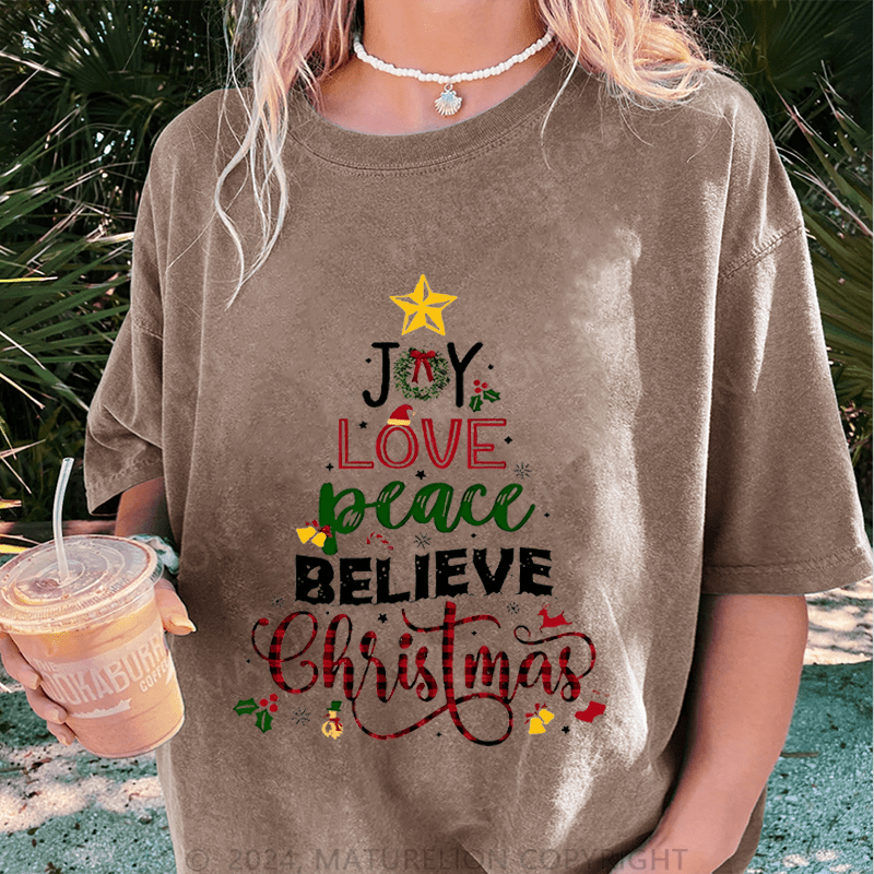 Maturelion Christmas T-Shirt Joy Love Peace Believe Christmas Women T-Shirt