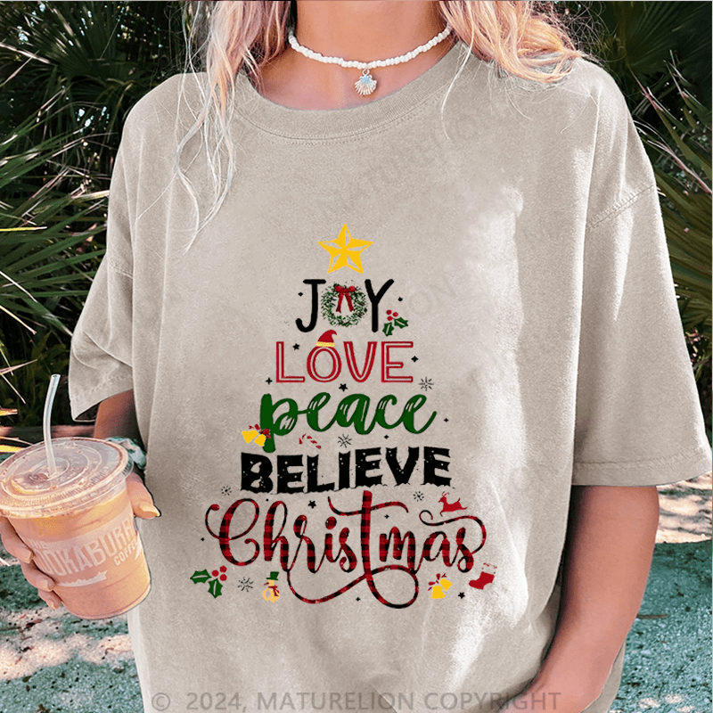 Maturelion Christmas T-Shirt Joy Love Peace Believe Christmas Women T-Shirt