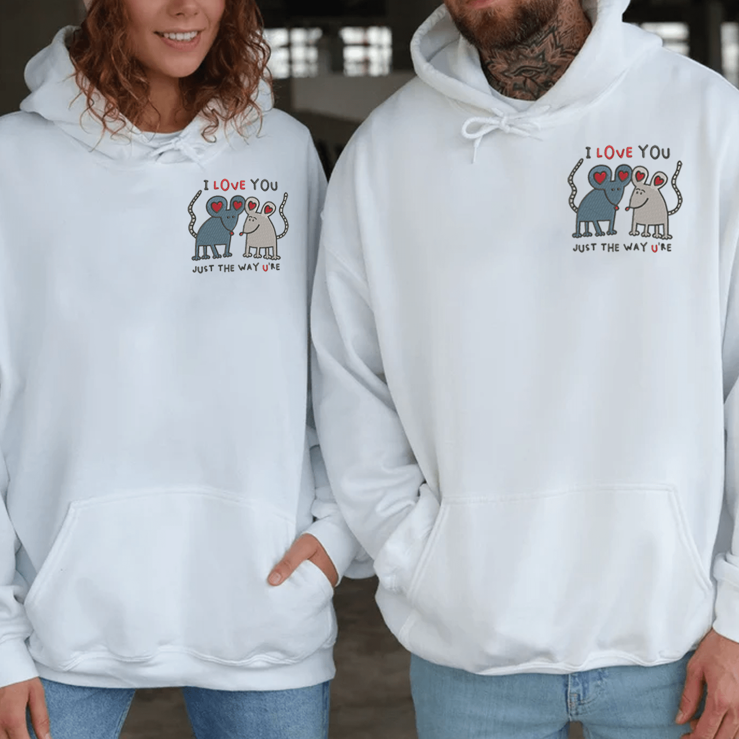 Maturelion Cute Mouse Valentine Embroidery Couple Hoodie