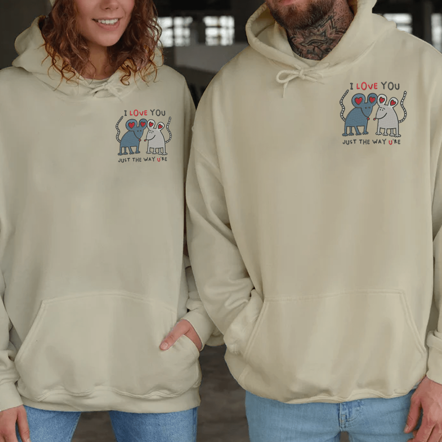 Maturelion Cute Mouse Valentine Embroidery Couple Hoodie