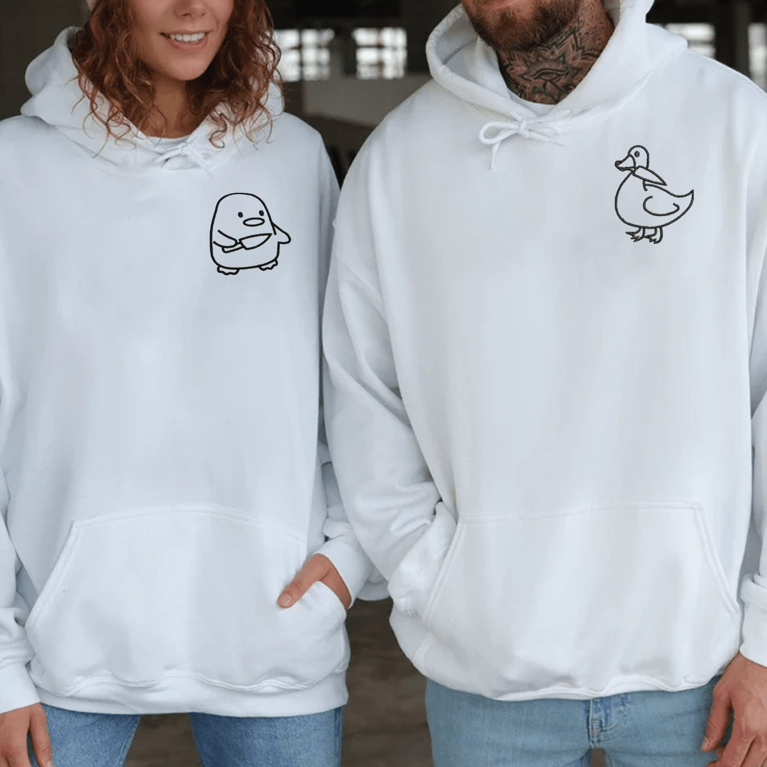 Maturelion Embroidered Duck and Goose Couple Hoodie