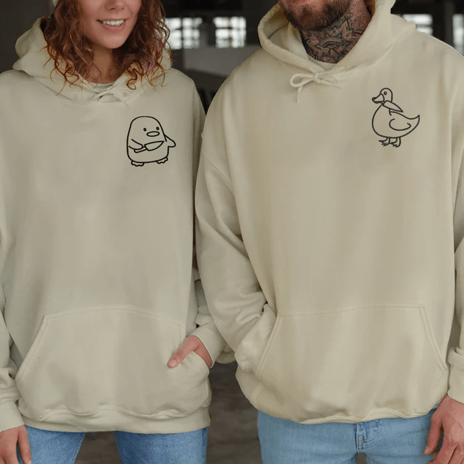 Maturelion Embroidered Duck and Goose Couple Hoodie