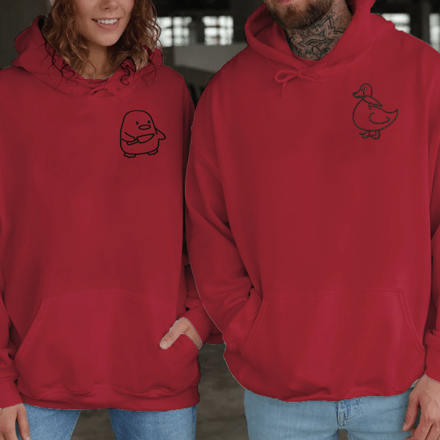 Maturelion Embroidered Duck and Goose Couple Hoodie