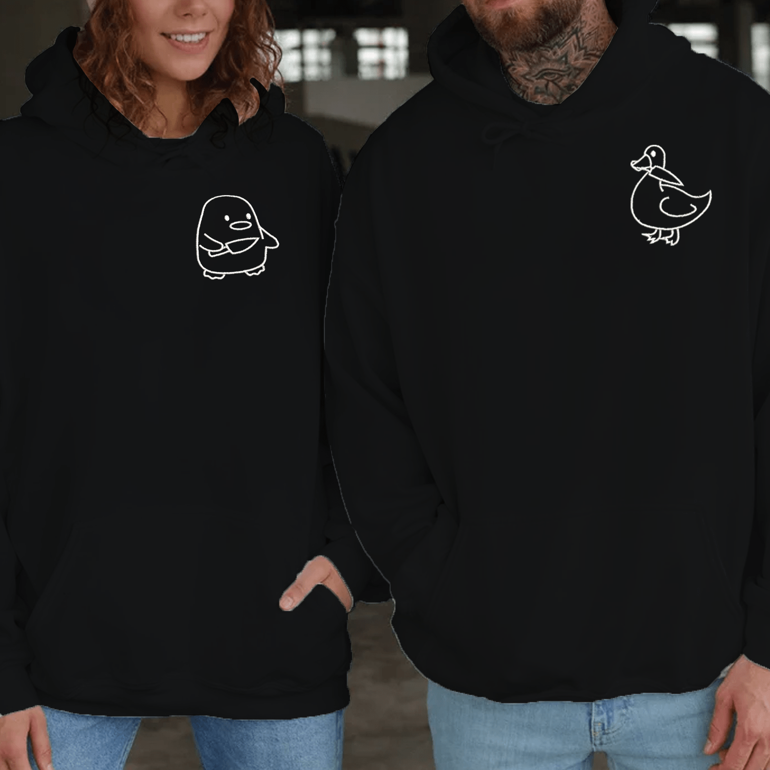 Maturelion Embroidered Duck and Goose Couple Hoodie