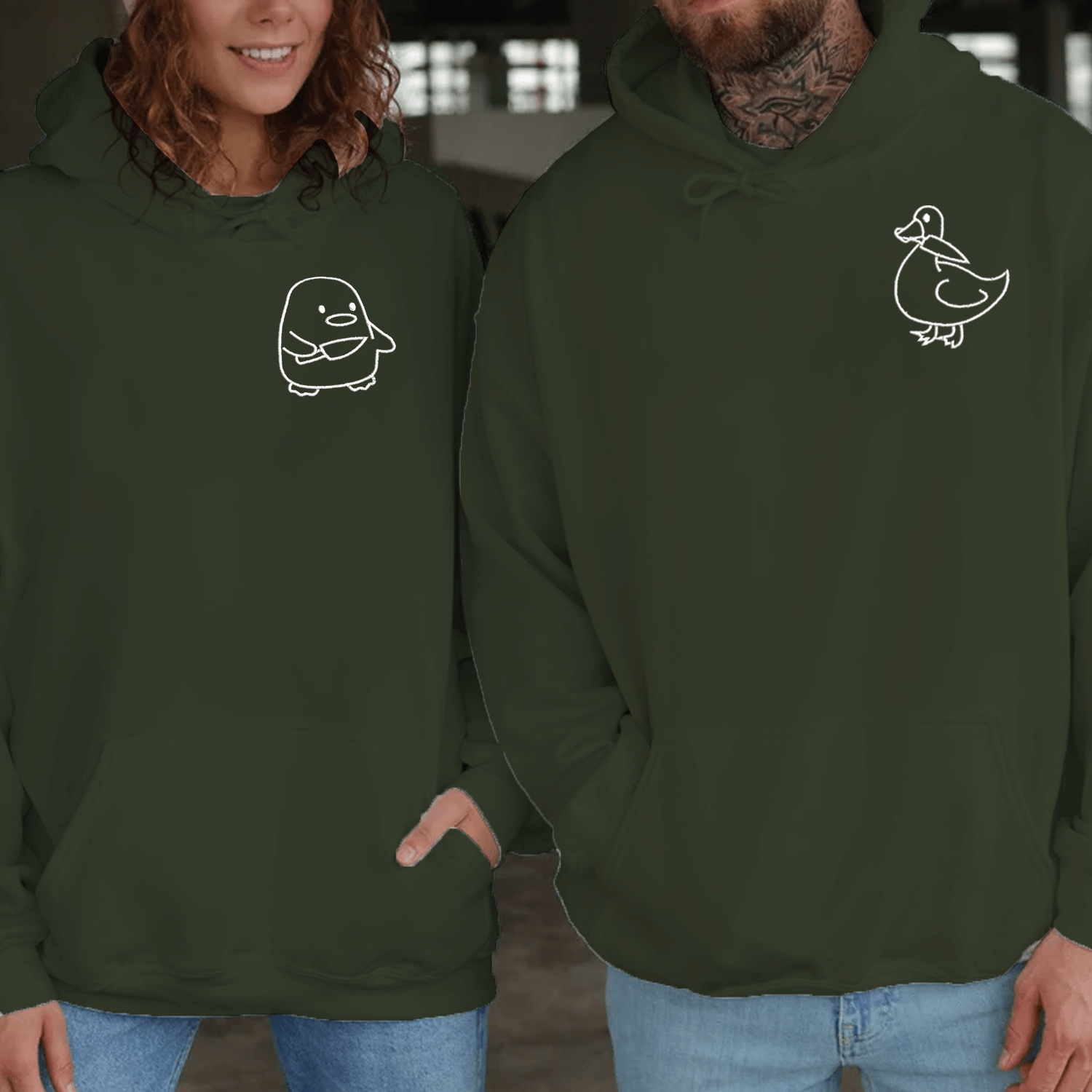 Maturelion Embroidered Duck and Goose Couple Hoodie