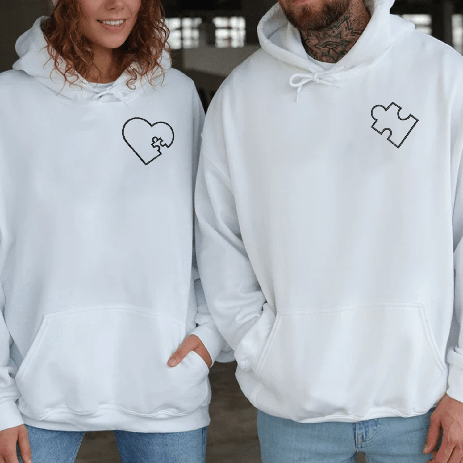 Maturelion Embroidered You Complete Me Heart Puzzle Couple Hoodie